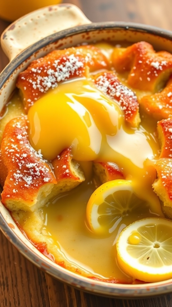 A slice of lemon bread pudding with lemon sauce, garnished with powdered sugar and lemon slice.